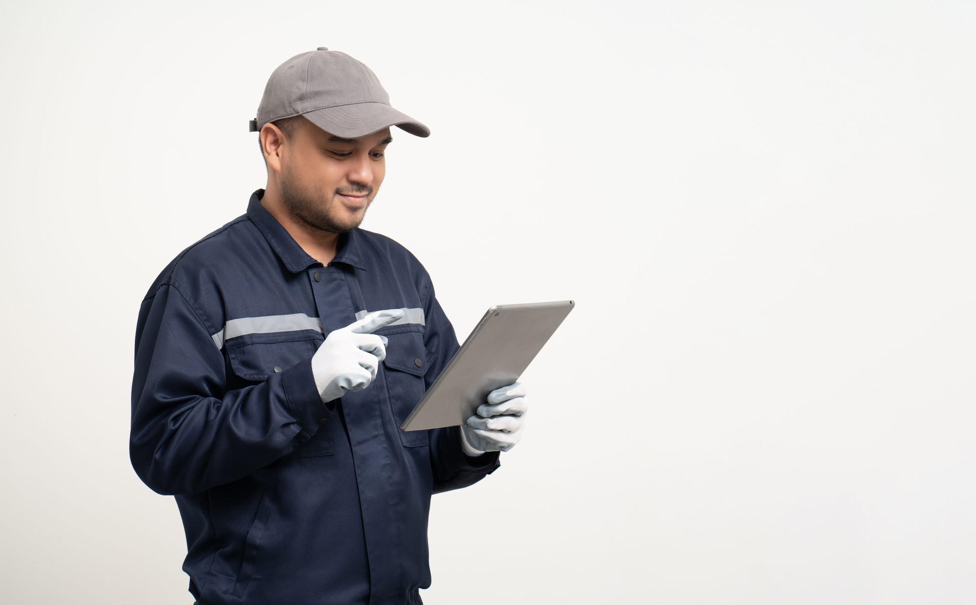 Technician workers in uniform maintenance service with tablet. Profession of service industry house repair. Home services isolated background.